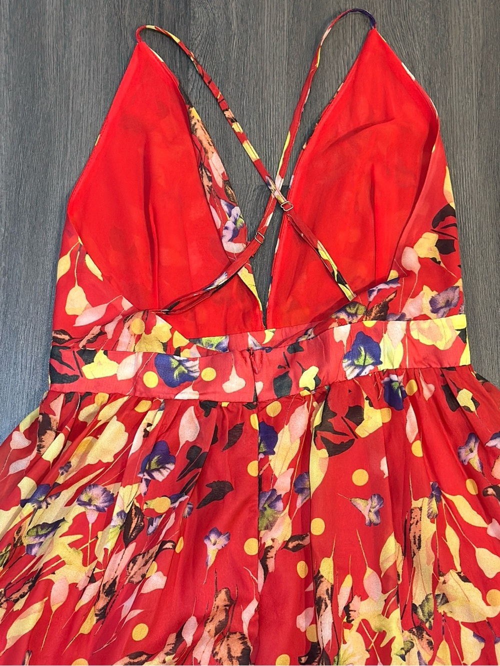Red Floral Maxi Dress Open Back Crisscross Strappy Boho Cottagecore Medium - Picture 8 of 9